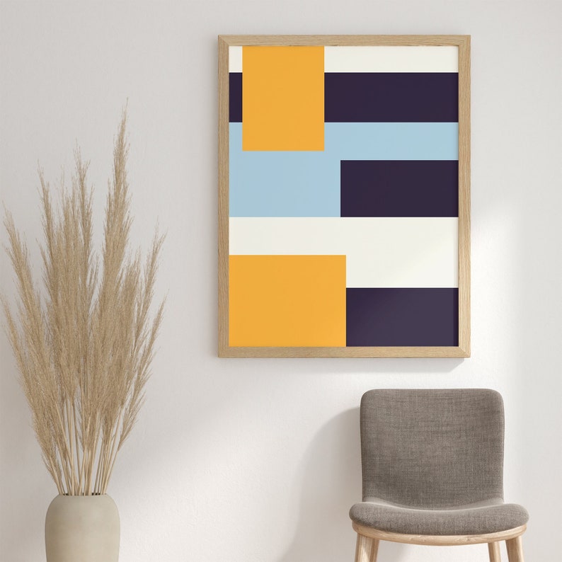Color block art featuring yellow, lightblue, navy blue and white digital art to print at home
