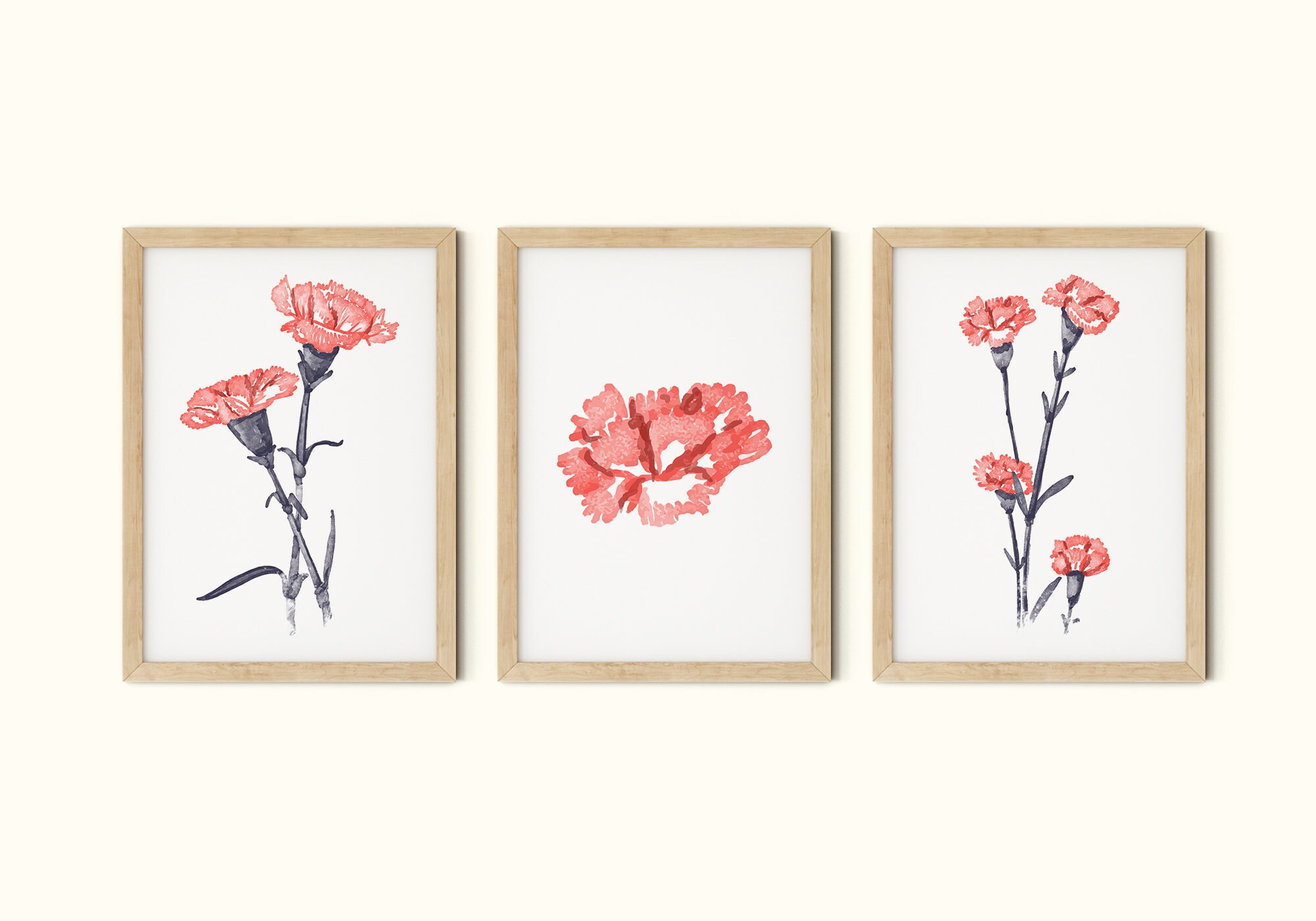 Carnation Print Bedroom Wall Decor Set of 3 Prints Floral - Etsy