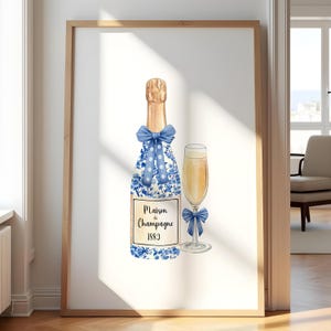 Toile de jouy Bar Warenkorb Dekor Blau Champagner Wandkunst Chinoiserie Küche Druck Girly Wandkunst Bar Adrettes Plakat druckbare digitaler Download