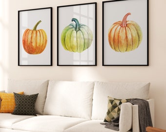 Pumpkin art print set 3, kitchen art print, watercolor painting, fall wall art, autumn home decor, pumpkin wall art, fall decor