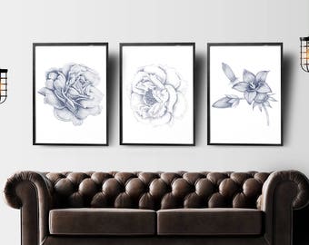Sketch flowers set of 3 prints, floral garden poster, printable wall art, botanical print set, floral print minimalist art, nature print
