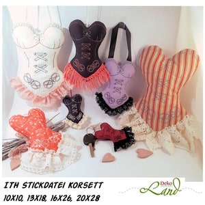 May include: Five different embroidered fabric corsets in various colours and patterns, including red, white, black, purple, and striped. The corsets are decorated with lace and fringe. The text "ITH STICKDATEI KORSETT 10X10, 13X18, 16X26, 20X28" is visible at the bottom of the image.