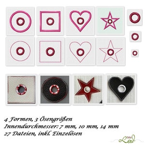 Può includere: Un set di 27 ricami per creare occhielli nel tessuto. I disegni includono quattro forme: cerchio, quadrato, cuore e stella. I disegni sono disponibili in tre dimensioni: 7 mm, 10 mm e 14 mm.
