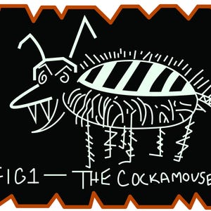 May include: A black and white illustration of a creature called "The Cockamouse" on a scroll with a brown border. The creature has a long snout, striped body, and spindly legs.