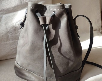 Leather bag, bucket bag, leather shoulder bag, crossbody bag, gray