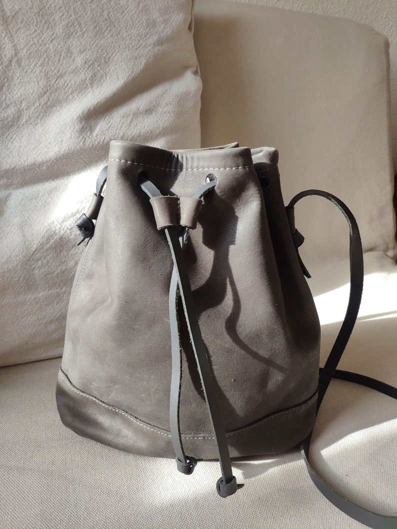 Leather bag, bucket bag, leather shoulder bag, crossbody bag, gray image 1