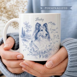 Personalized Rough Collie Mug, Collie Lover Gift, Blue Floral Dog Cup, Vintage Coffee Mug