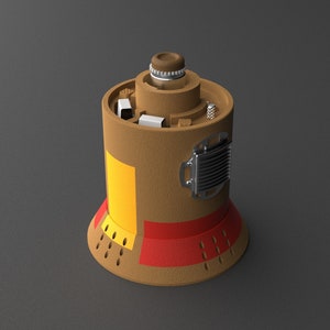 May include: A brown, yellow, and red ceramic bell with a metal latch and a detailed interior. The bell has a textured surface and a round base.