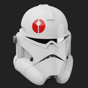 May include: White plastic helmet with a red symbol on the front. The symbol is a circle with a vertical line through it.