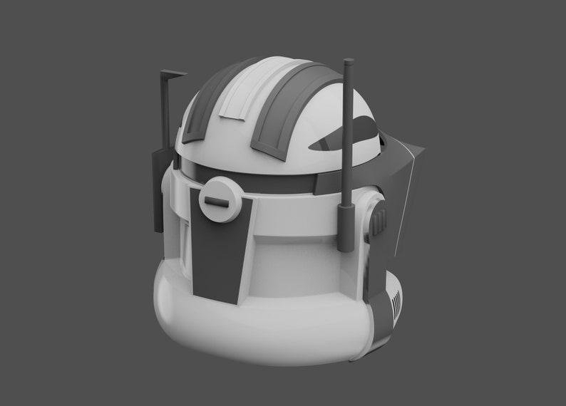 May include: A white and gray plastic helmet with a black visor and two antennas. The helmet has a white stripe on the top and a black stripe on the side.