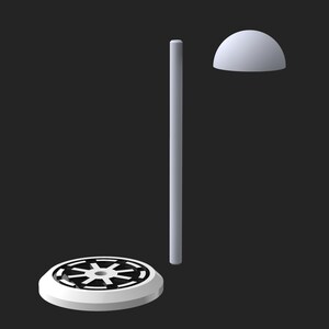 May include: A white display stand with a round base featuring a black and white symbol. The stand has a white pole and a white dome on top.