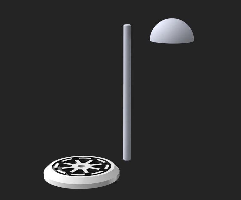 May include: A white display stand with a round base featuring a black and white symbol. The stand has a white pole and a white dome on top.