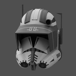 May include: A white and black clone trooper helmet with a black visor and a white stripe down the center. The helmet has a black antenna on top and a black and white design on the sides.