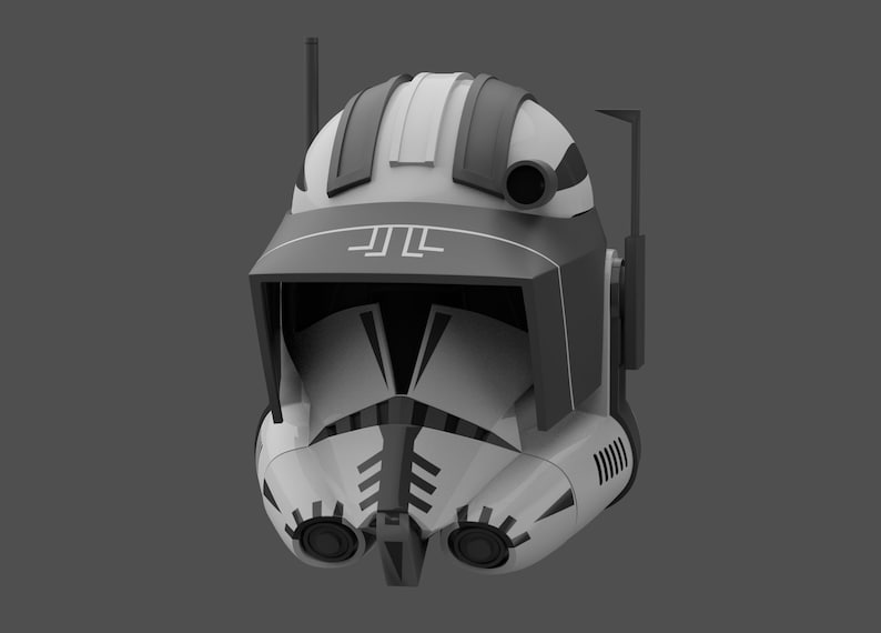 May include: A white and black clone trooper helmet with a black visor and a white stripe down the center. The helmet has a black antenna on top and a black and white design on the sides.
