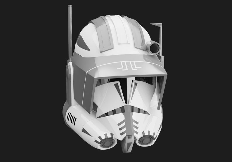 May include: A white and gray plastic clone trooper helmet with a black visor and a black antenna on top. The helmet has a white stripe on the side and a black stripe on the front. The helmet has a black visor and a black antenna on top.