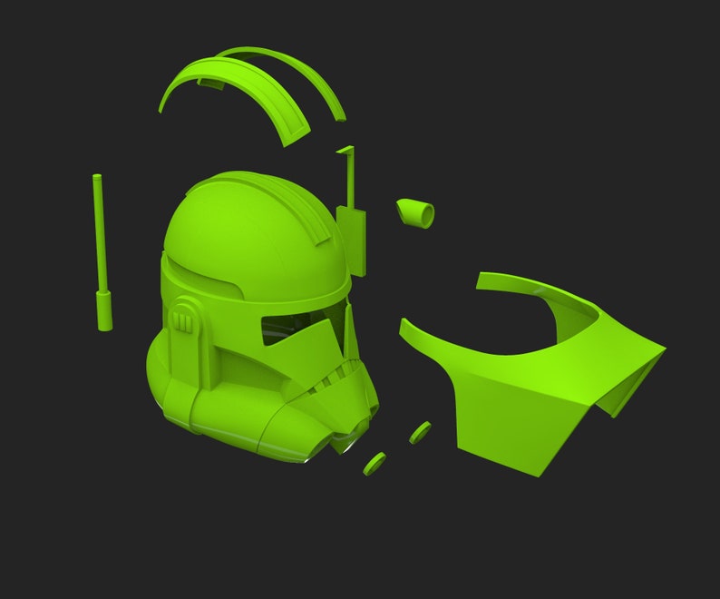 May include: A green plastic model of a Star Wars clone trooper helmet, disassembled into its individual parts.