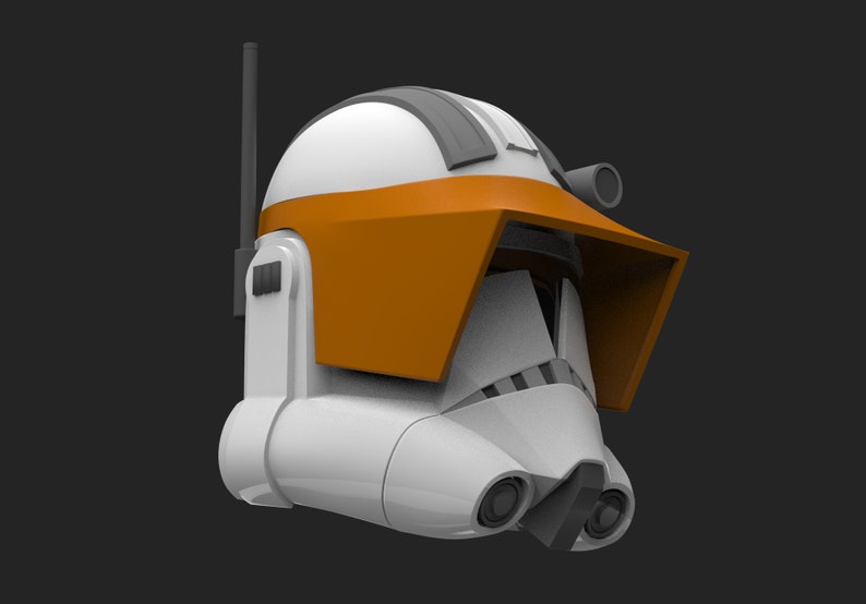 May include: A white and orange clone trooper helmet with a black antenna and a visor. The helmet has a distinctive orange visor and a black stripe on the top.