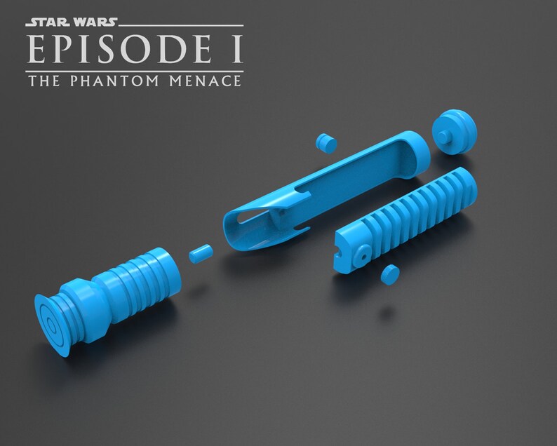 May include: A disassembled blue lightsaber from Star Wars Episode I: The Phantom Menace. The lightsaber is made up of several pieces, including the hilt, the blade, and the emitter.