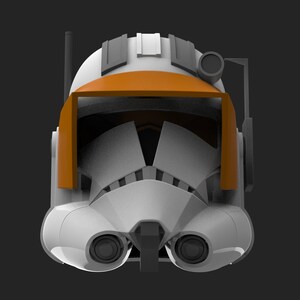 May include: A white and orange clone trooper helmet with a black visor and a black antenna on top.