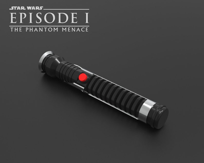 May include: A black lightsaber with a silver handle and a red button. The lightsaber is from the Star Wars Episode I: The Phantom Menace movie.