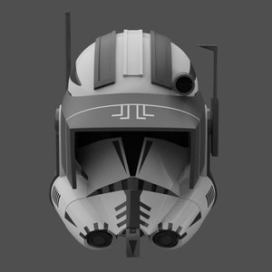 May include: A white and black clone trooper helmet with a black visor and a black antenna on top. The helmet has a black and white stripe pattern on the top and a black stripe on the front. The helmet has a black and white symbol on the front.