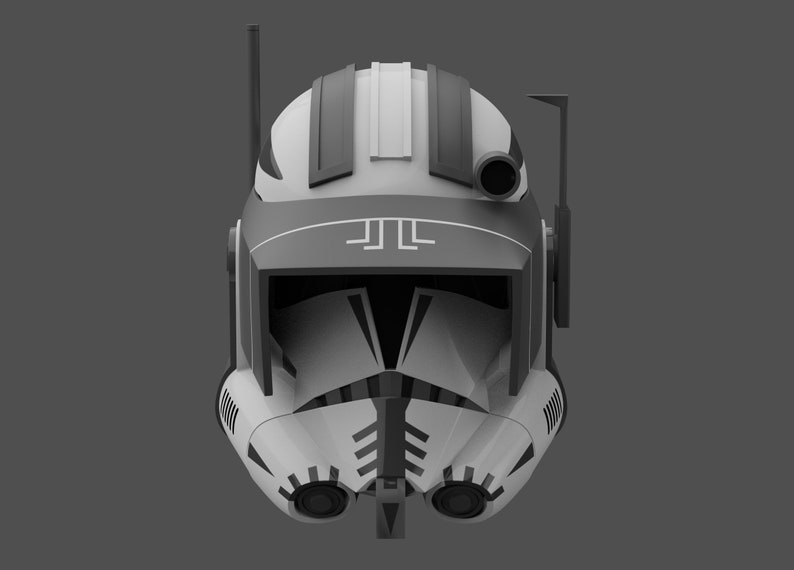 May include: A white and black clone trooper helmet with a black visor and a black antenna on top. The helmet has a black and white stripe pattern on the top and a black stripe on the front. The helmet has a black and white symbol on the front.