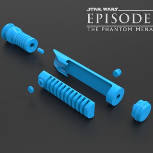 May include: A disassembled blue lightsaber from Star Wars Episode I: The Phantom Menace. The lightsaber is made up of several pieces, including the hilt, the blade, and the emitter.