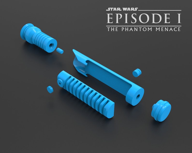 May include: A disassembled blue lightsaber from Star Wars Episode I: The Phantom Menace. The lightsaber is made up of several pieces, including the hilt, the blade, and the emitter.