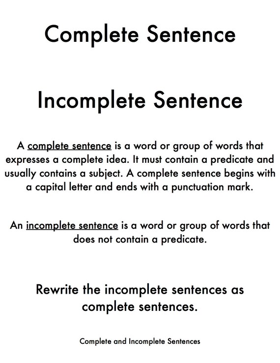 Incomplete Sentences Worksheets