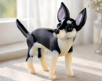 Chihuahua Figurine, Black White Glass Dog, Miniature Chihuahua, Tiny Dog Figurine, Cute Puppy Decor, Handmade Glass Animal Gift