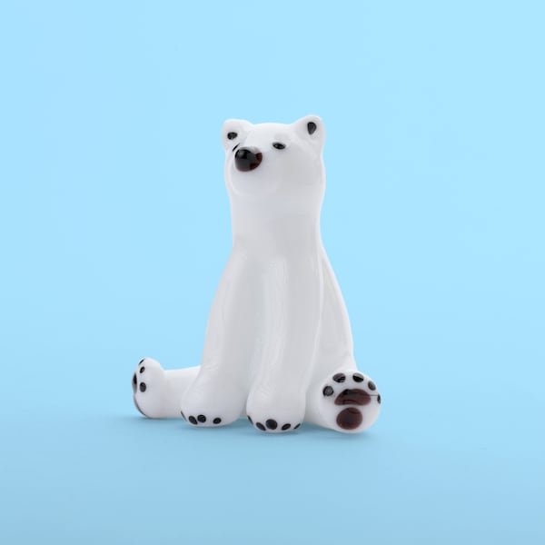 Glass Polar Bear Figurine (White / 1.6 in), Polar Bear Small Sculpture, Glass Animal Figurine, Bear Figures Blown Glass Art