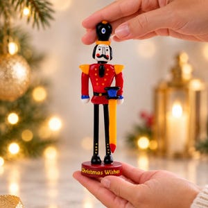 Handmade glass Nutcracker displayed upright on a hand, with warm Christmas lights and evergreen branches softly blurred in the background.