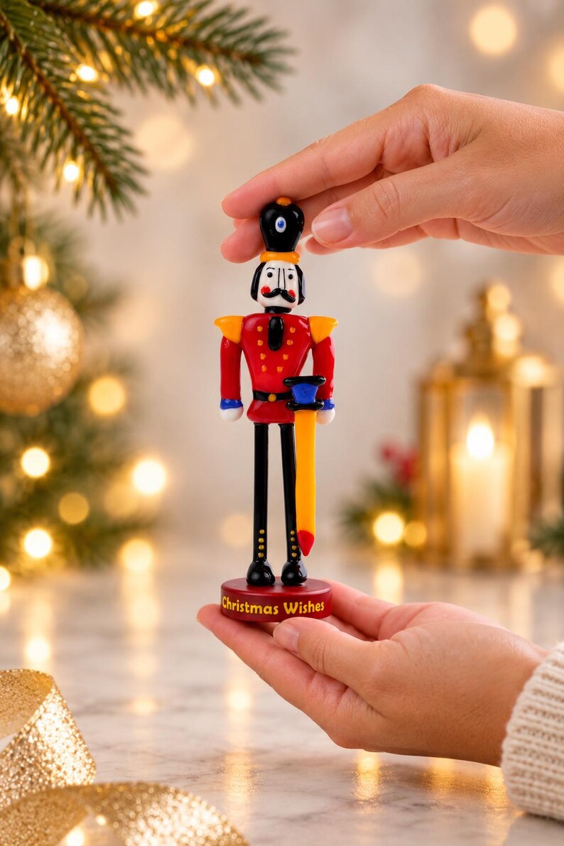 Handmade glass Nutcracker displayed upright on a hand, with warm Christmas lights and evergreen branches softly blurred in the background.