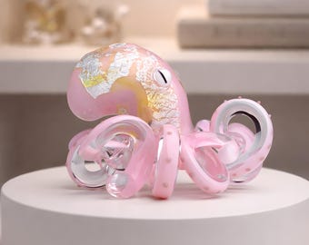 Pink Glass Octopus Figurine, Handmade Blown Glass Art, Silver Leaf Octopus Sculpture, Ocean Desk Decor, Cute Gift for Her