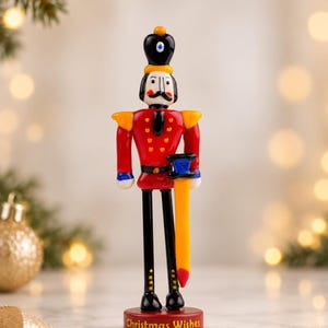 Side-angle view of the glass Nutcracker soldier showing the depth of the handcrafted figure, sword, boots, and display base.
