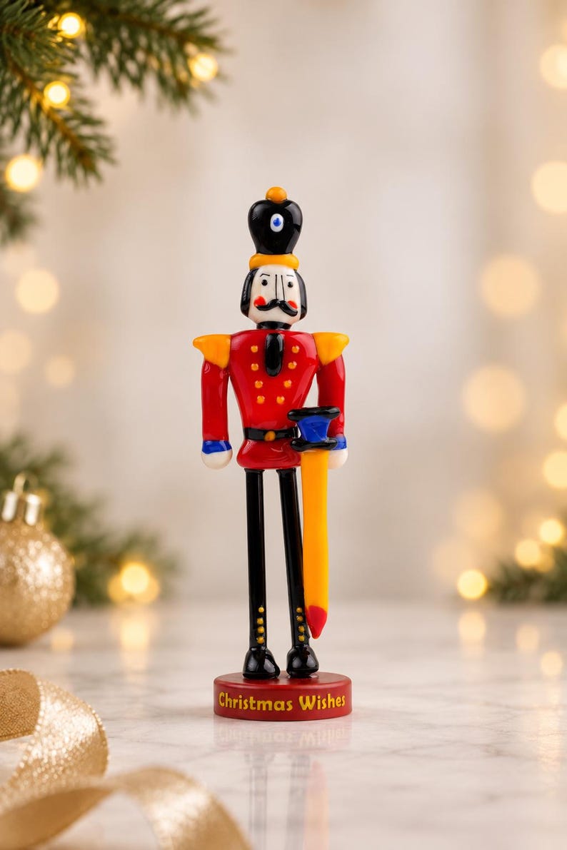 Side-angle view of the glass Nutcracker soldier showing the depth of the handcrafted figure, sword, boots, and display base.