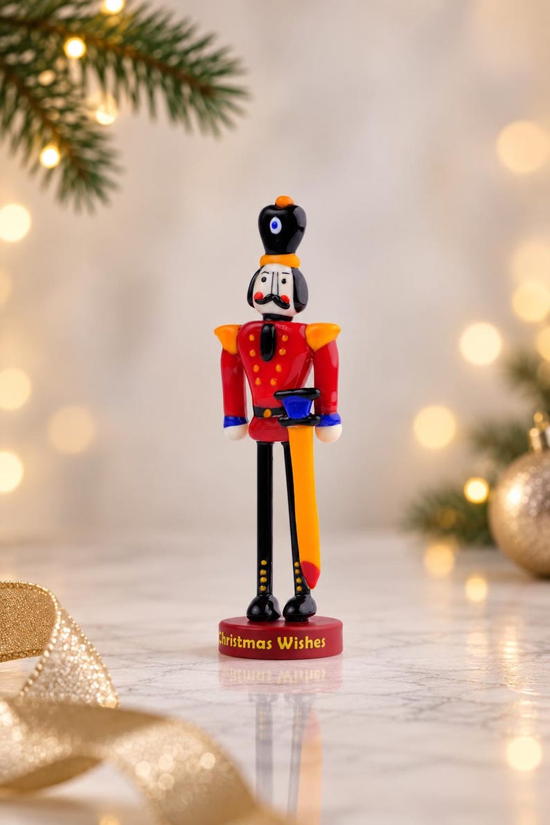 Holiday display of a handmade glass Nutcracker on a reflective tabletop, surrounded by soft golden lights and Christmas greenery.
