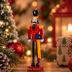 Close-up of the Nutcracker's glass face showing a black hat, white beard, curved mustache, painted eyes, and orange hat detail.