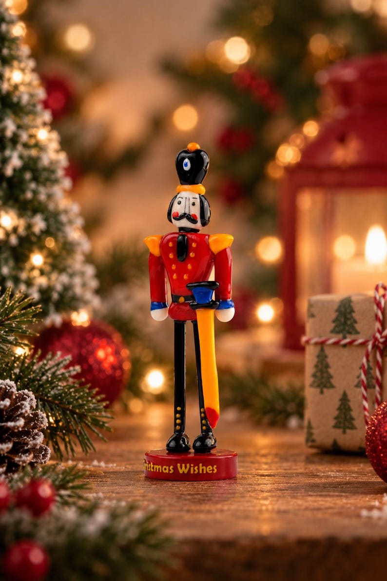 Close-up of the Nutcracker's glass face showing a black hat, white beard, curved mustache, painted eyes, and orange hat detail.
