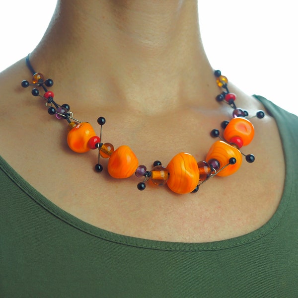 COLLIER EN VERRE DE Murano orange soufflé, collier en verre bulle pour la fête des mères, bijoux en verre faits main avec perles au chalumeau, collier en verre soufflé à la main