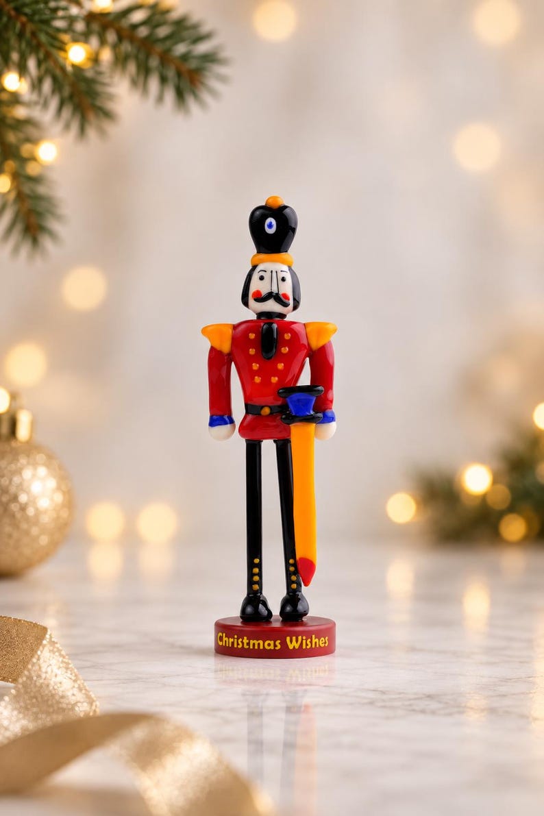 Detailed view of the Nutcracker's black crown-like hat with an orange glass ornament and white-and-blue central facial detail.