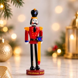 Detail of the red 3D-printed display base beneath the glass Nutcracker, with the words Christmas Wishes in yellow lettering.
