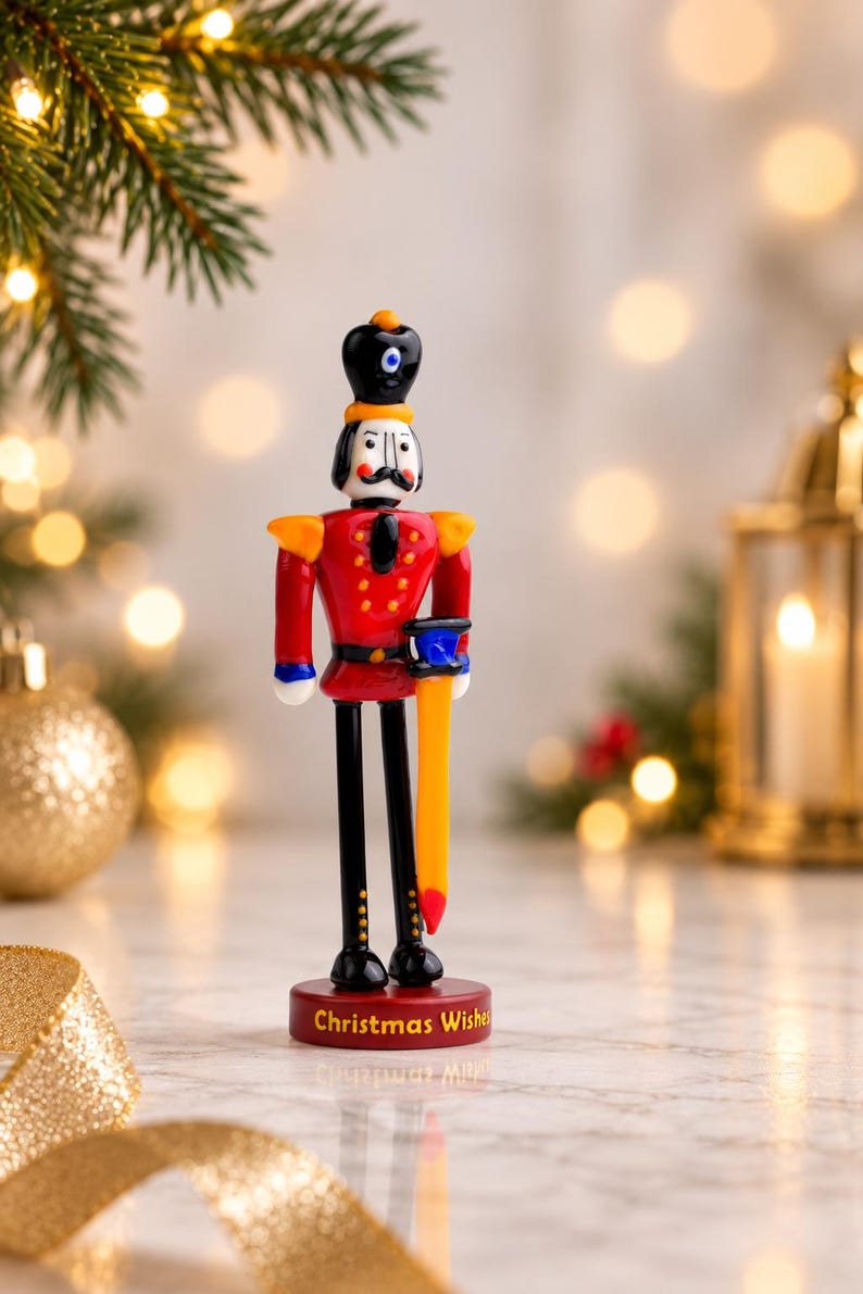 Detail of the red 3D-printed display base beneath the glass Nutcracker, with the words Christmas Wishes in yellow lettering.
