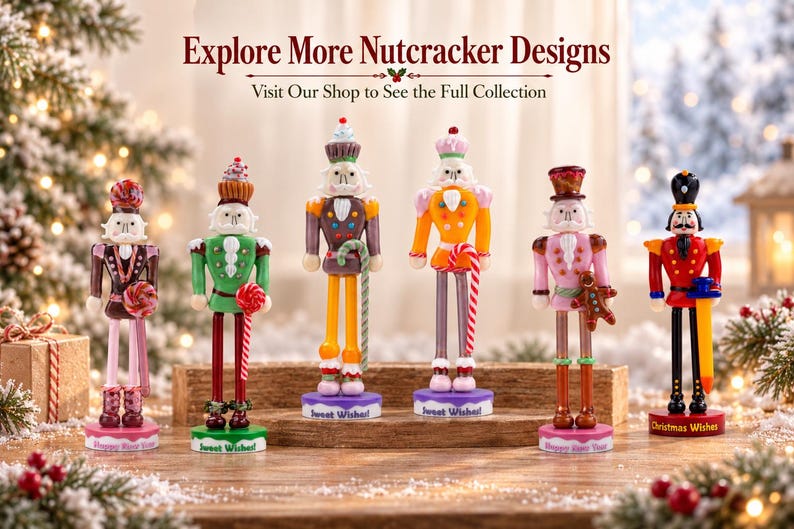 Unique holiday keepsake made from lampworked glass, featuring a colorful Nutcracker sculptures designed for Christmas decorating and collecting.