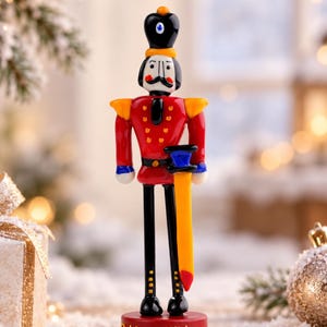 Glass Nutcracker figurine photographed against a softly lit Christmas background, highlighting the shine and transparent qualities of the handmade glass.