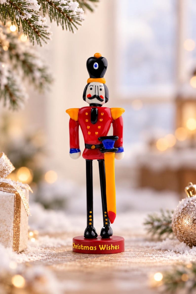 Glass Nutcracker figurine photographed against a softly lit Christmas background, highlighting the shine and transparent qualities of the handmade glass.