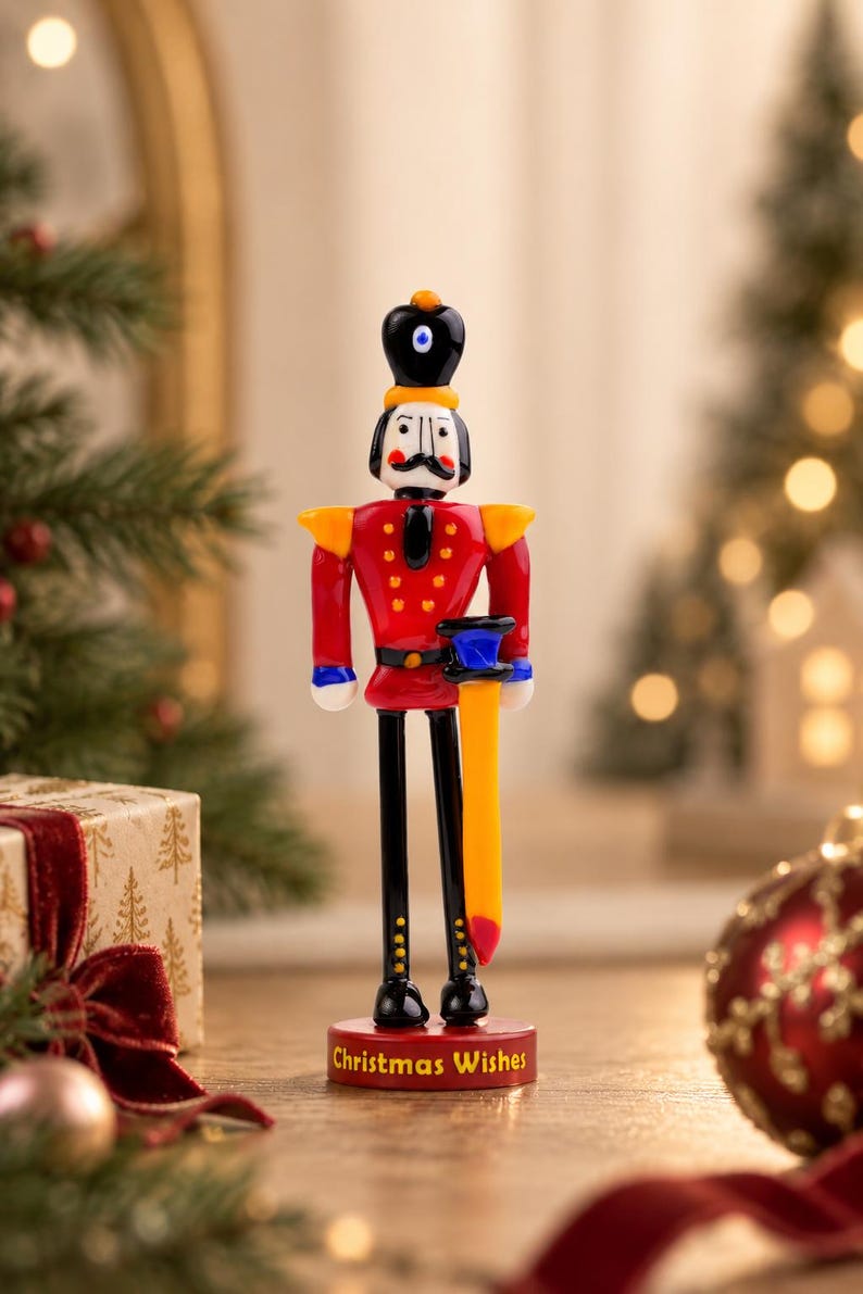 Tabletop Christmas decor featuring a colorful handmade glass Nutcracker soldier on its matching red display stand.