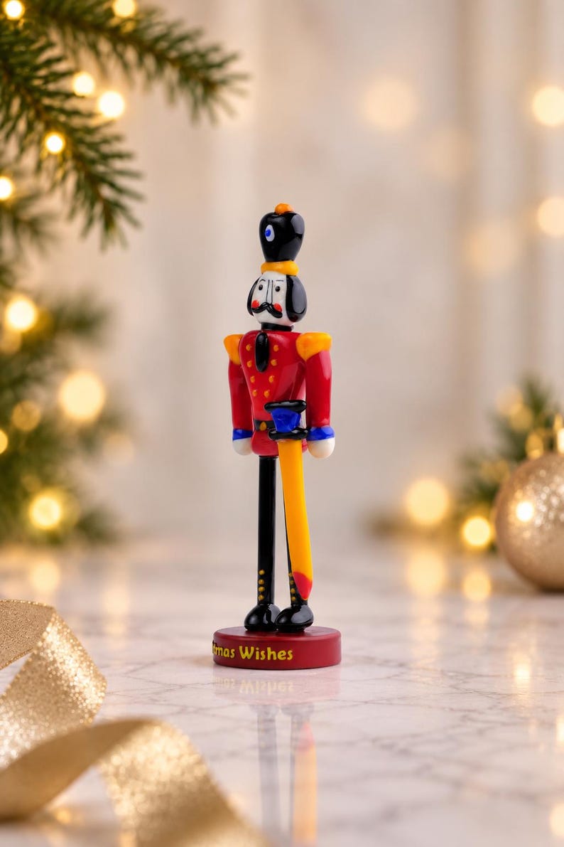 Small 5.5-inch glass Nutcracker figurine shown in a styled Christmas setting to demonstrate its tabletop display scale.