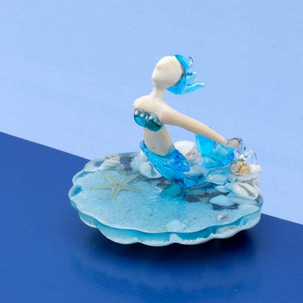 Glass Mermaid Figurine (3.2 in) Handmade Mermaid Glass Sculpture with Epoxy Pedestal, Unique Glass Art for Coastal Home Decor