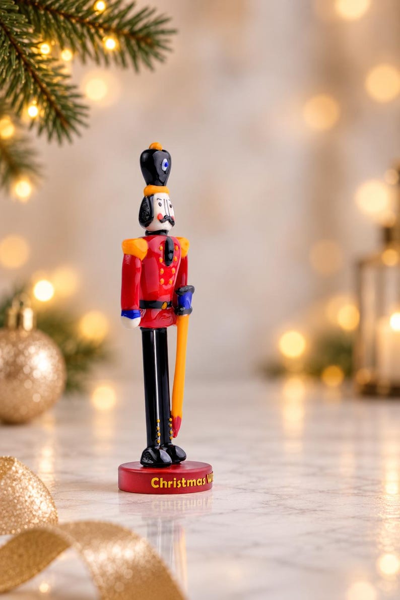 Three-quarter view of a colorful glass Nutcracker with glossy red, orange, blue, black, and white details and a traditional toy soldier design.
